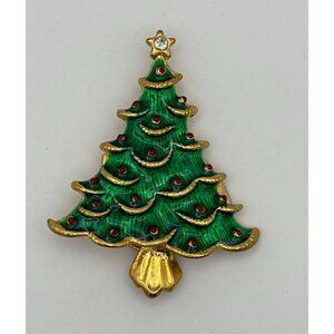 Christmas Tree Scarf Clip Green Red Enamel Gold Tone Clear Rhinestone